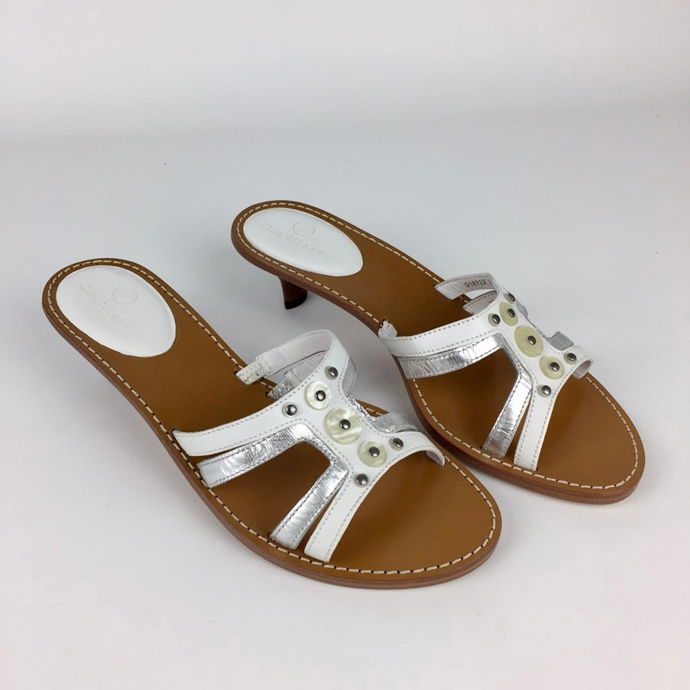Cole Haan White Silver Leather Studded Kitten Heel Mules Slides Sandals size 8.5